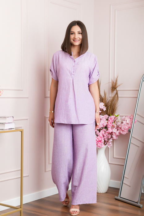 Pantaloni palazzo Athena cu talie elastica si insertii argintii - Lila [5]