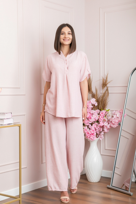 Bluza casual Athena cu guler stil tunica si insertii argintii - Roz pudrat [5]