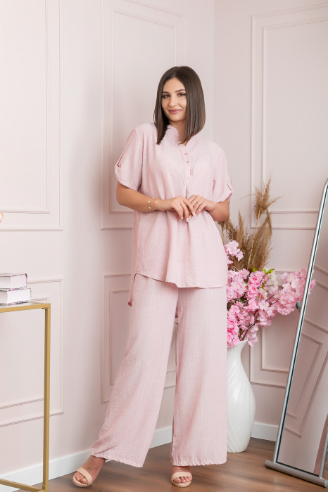 Bluza casual Athena cu guler stil tunica si insertii argintii - Roz pudrat [6]
