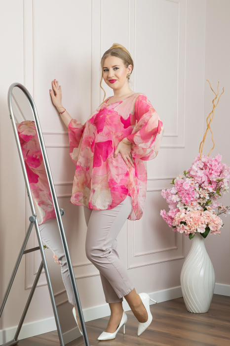 Bluza ciclam din voal cu maneci largi si imprimeu floral [4]