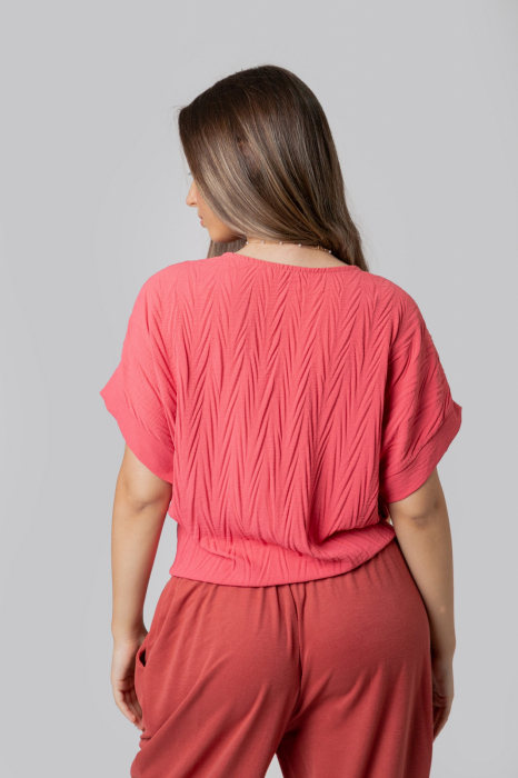 Bluza corai casual cu aspect texturat si nod in talie [3]