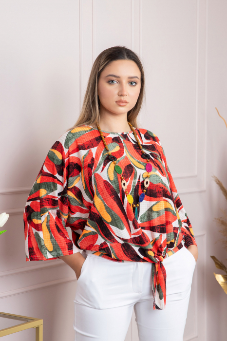 Bluza cu imprimeu tropical orange si colier decorativ [3]