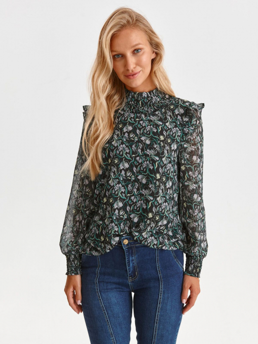 Bluza cu maneci bufante si imprimeu floral verde