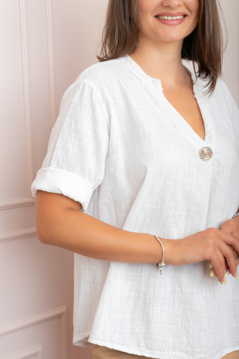 Bluza dama din bumbac Hope cu guler tunica - Alb [2]