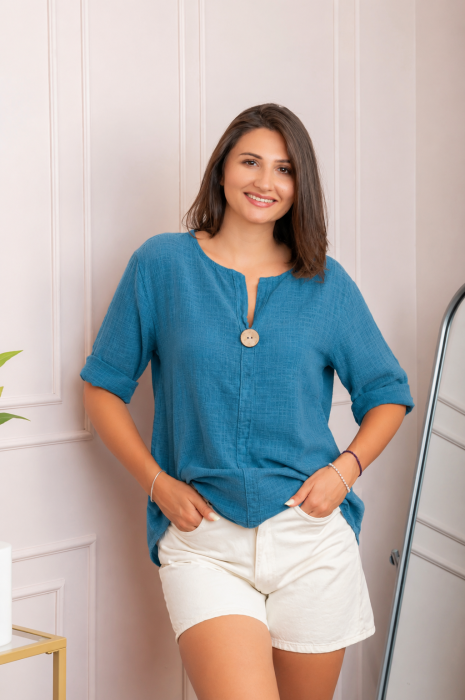Bluza dama din bumbac Kerry cu maneci reglabile - Turcoaz [3]