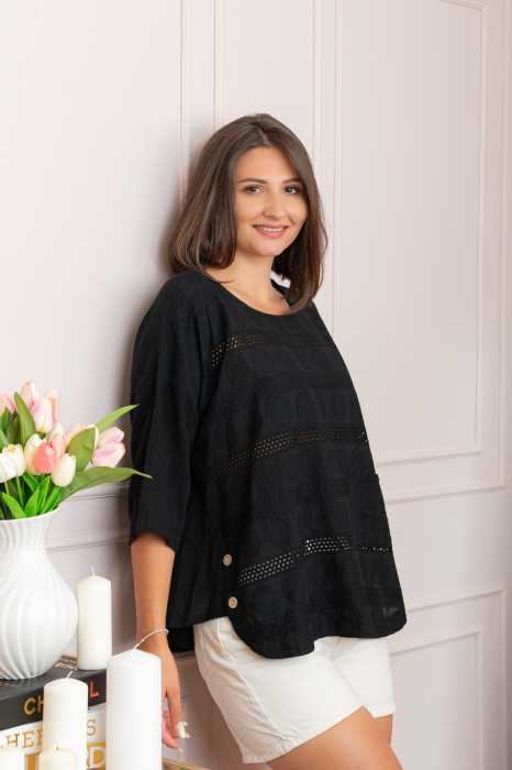 Bluza dama din bumbac Louise cu perforatii si buzunar - Negru [3]