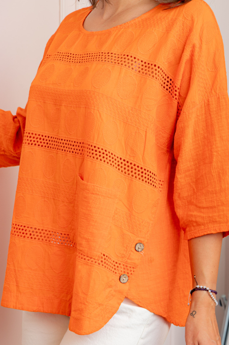 Bluza dama din bumbac Louise cu perforatii si buzunar - Orange [2]