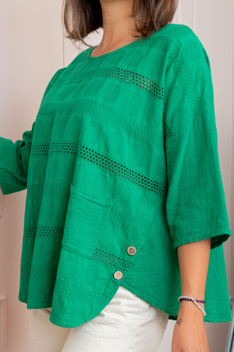 Bluza dama din bumbac Louise cu perforatii si buzunar - Verde [2]