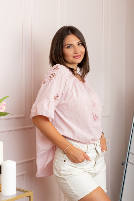 Bluza dama din bumbac Myra cu perforatii florale - Roz pastel [3]