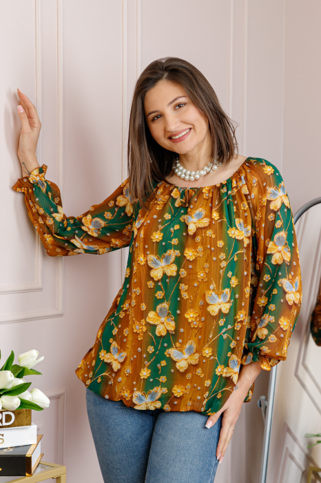 Bluza dama din voal caramiziu cu fluturi galbeni Georgia [3]