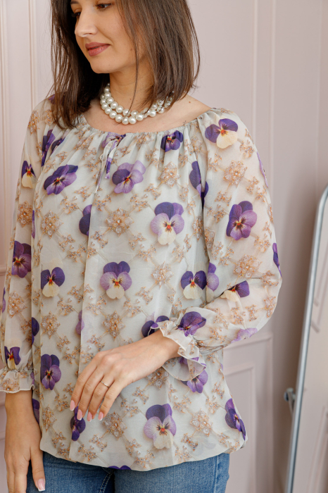 Bluza dama din voal ivoire cu flori mov Georgia [2]
