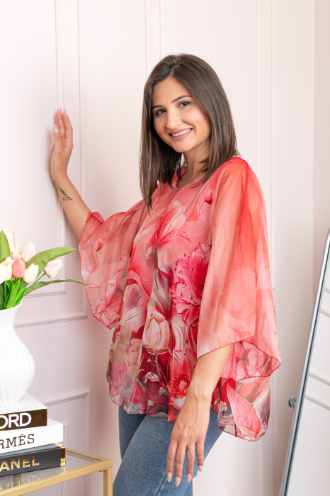 Bluza dama eleganta Shirley corai din voal cu imprimeu floral [3]