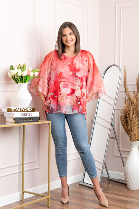 Bluza dama eleganta Shirley corai din voal cu imprimeu floral [4]