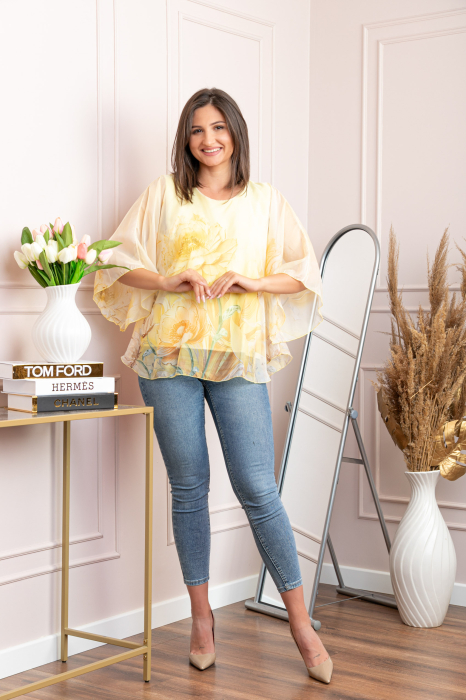 Bluza dama eleganta Shirley galben pastel din voal cu imprimeu floral [4]