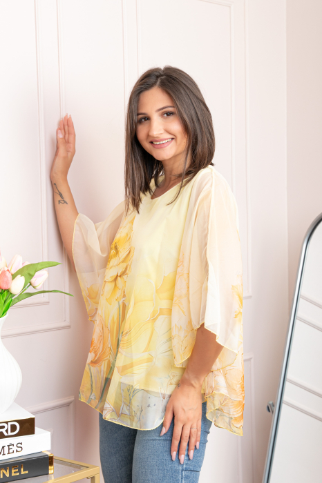 Bluza dama eleganta Shirley galben pastel din voal cu imprimeu floral [3]