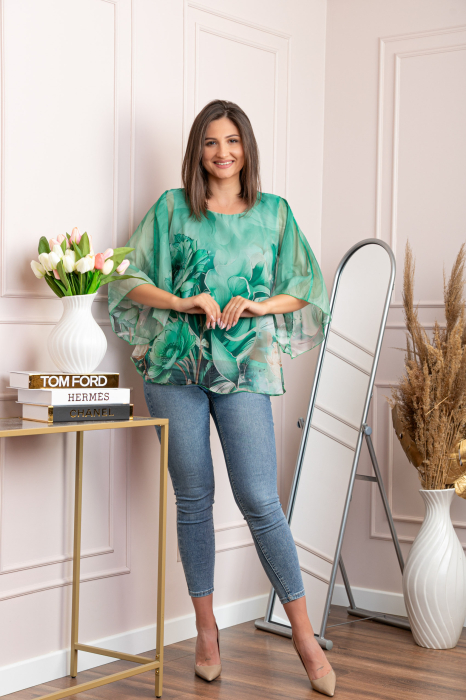 Bluza dama eleganta Shirley verde smarald din voal cu imprimeu floral [4]