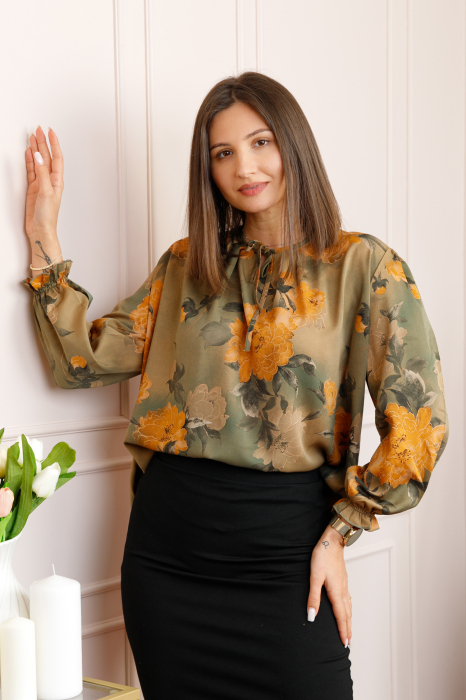 Bluza dama kaki cu imprimeu floral orange Quinn plus size [3]