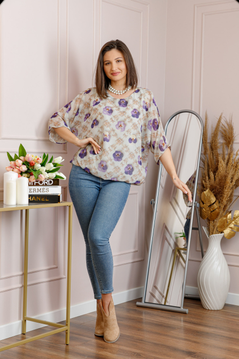Bluza dama Maddie din voal bej cu imprimeu floral mov [4]
