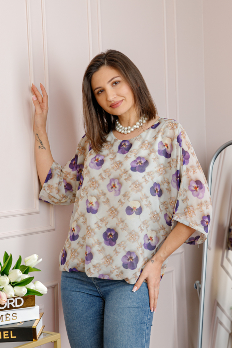 Bluza dama Maddie din voal bej cu imprimeu floral mov [2]