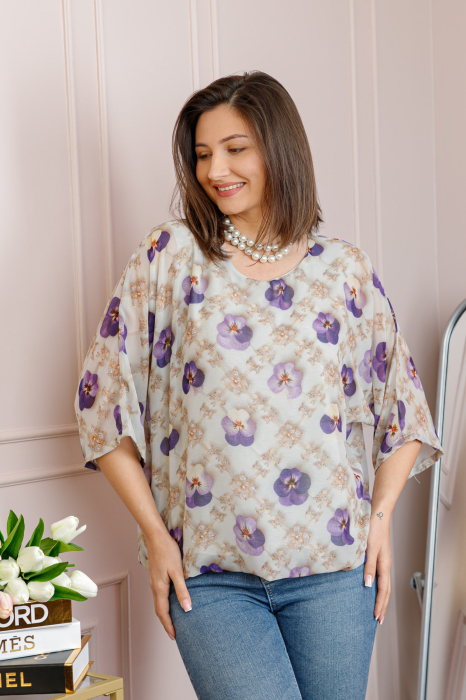 Bluza dama Maddie din voal bej cu imprimeu floral mov [3]