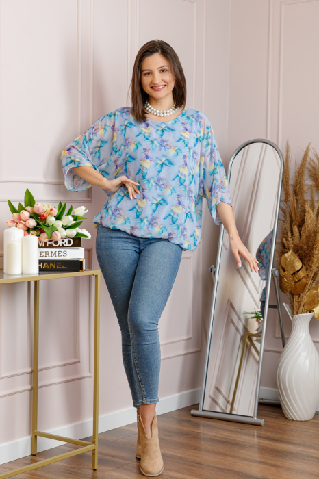 Bluza dama Maddie din voal bleu cu imprimeu floral turcoaz [4]