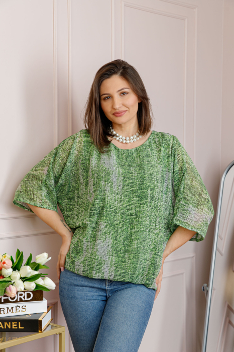 Bluza dama Maddie din voal verde cu imprimeu texturat alb [3]