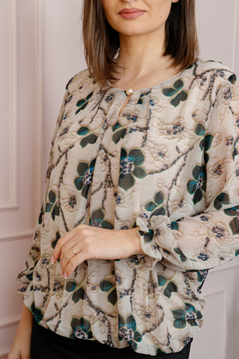 Bluza dama Pauline din voal bej cu imprimeu floral verde petrol [2]