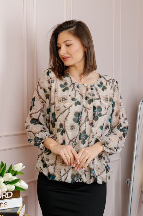 Bluza dama Pauline din voal bej cu imprimeu floral verde petrol [3]