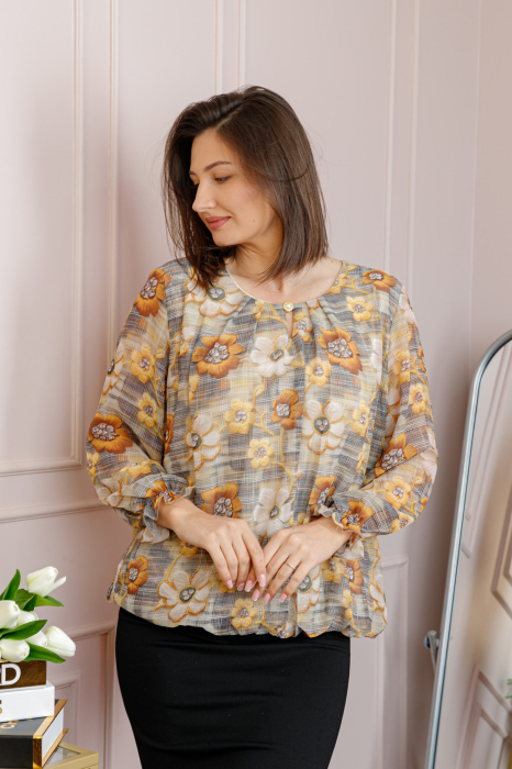 Bluza dama Pauline din voal bej nisipiu cu imprimeu floral galben [3]