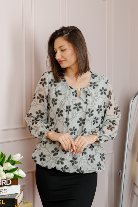 Bluza dama Pauline din voal gri cu imprimeu floral negru [3]