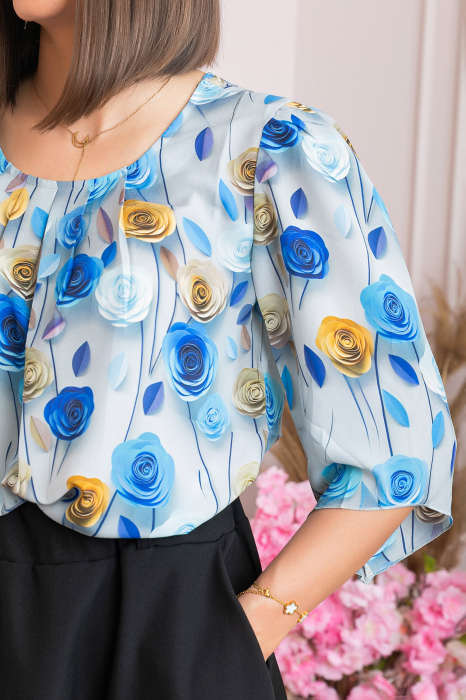 Bluza eleganta Anastasia cu imprimeuri florale - Albastru [2]