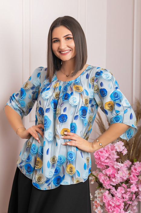 Bluza eleganta Anastasia cu imprimeuri florale - Albastru [3]