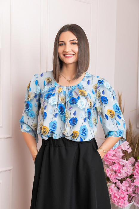 Bluza eleganta Anastasia cu imprimeuri florale - Albastru