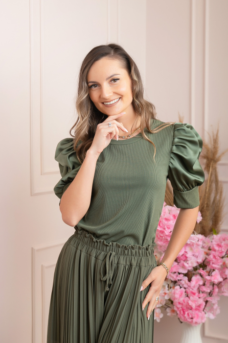 Bluza eleganta Arabella cu maneci bufante - Kaki