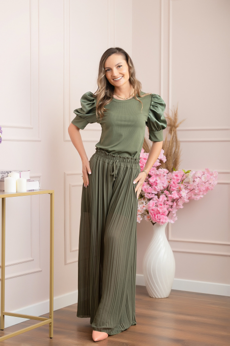 Bluza eleganta Arabella cu maneci bufante - Kaki [3]