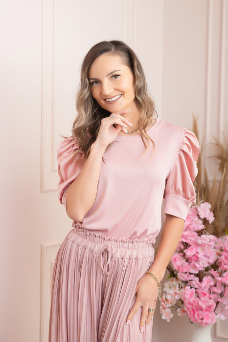 Bluza eleganta Arabella cu maneci bufante - Roz pudrat