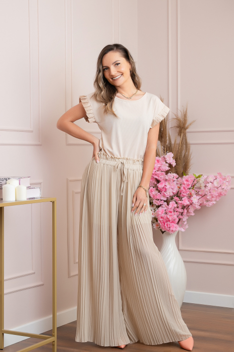 Bluza eleganta Aurora cu maneca scurta cu volane plisate - Crem [3]