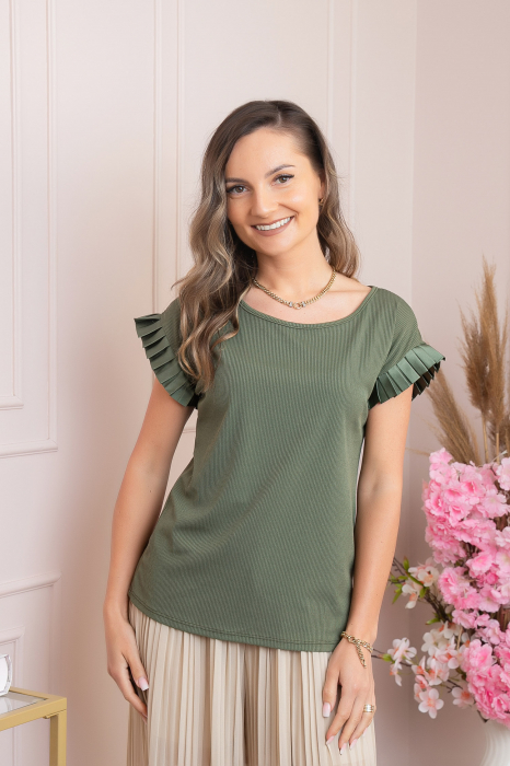 Bluza eleganta Aurora cu maneca scurta cu volane plisate - Kaki [4]