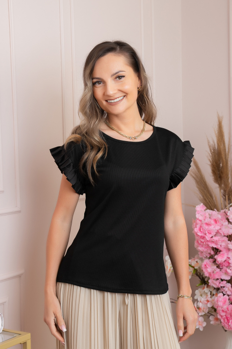 Bluza eleganta Aurora cu maneca scurta cu volane plisate - Negru [4]