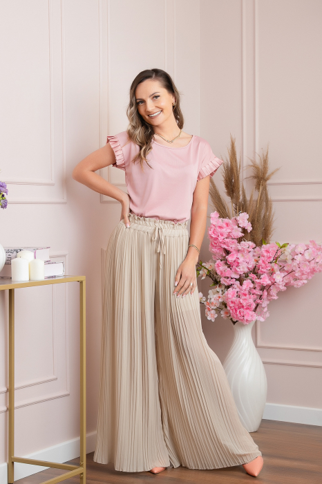 Bluza eleganta Aurora cu maneca scurta cu volane plisate - Roz pudrat [3]