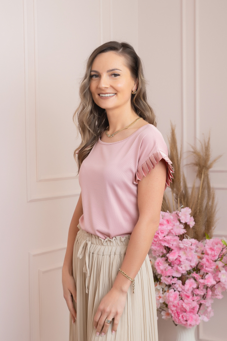 Bluza eleganta Aurora cu maneca scurta cu volane plisate - Roz pudrat [2]