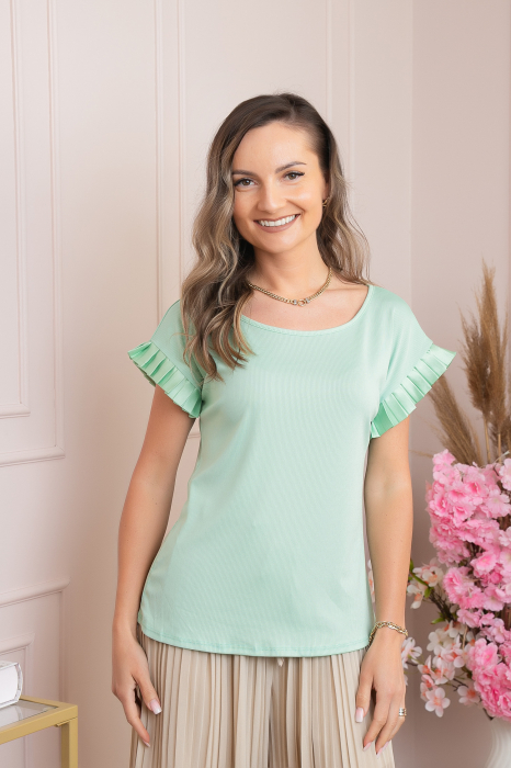 Bluza eleganta Aurora cu maneca scurta cu volane plisate - Verde mint [4]