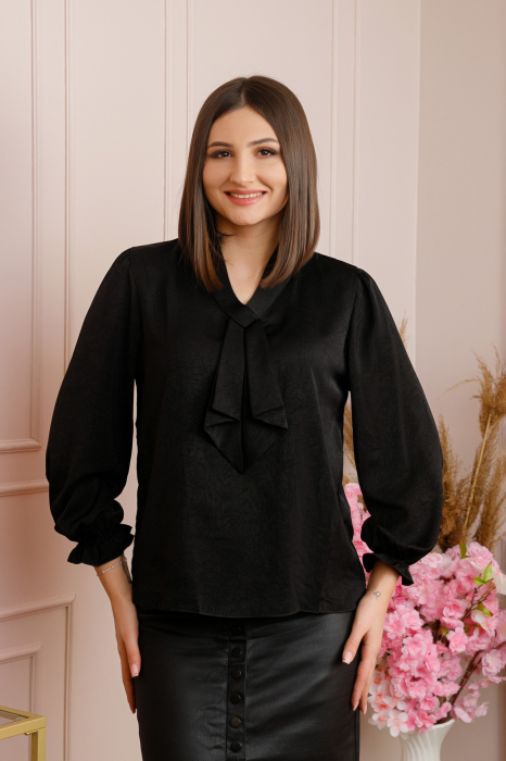 Bluza eleganta Claire cu aspect satinat si maneci bufante - Negru [5]