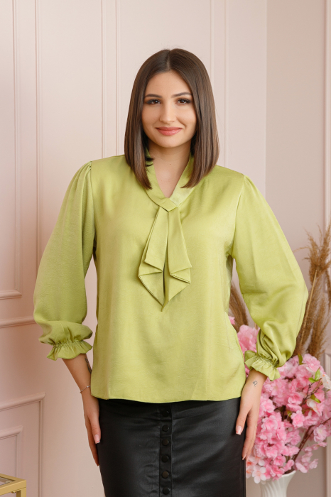 Bluza eleganta Claire cu aspect satinat si maneci bufante - Verde lime [5]