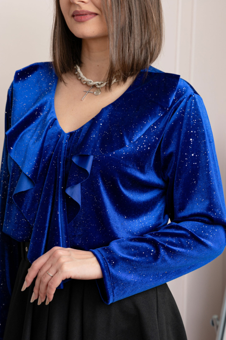 Bluza eleganta din catifea Cynthia cu volan si sclipici discret - Albastru regal [2]