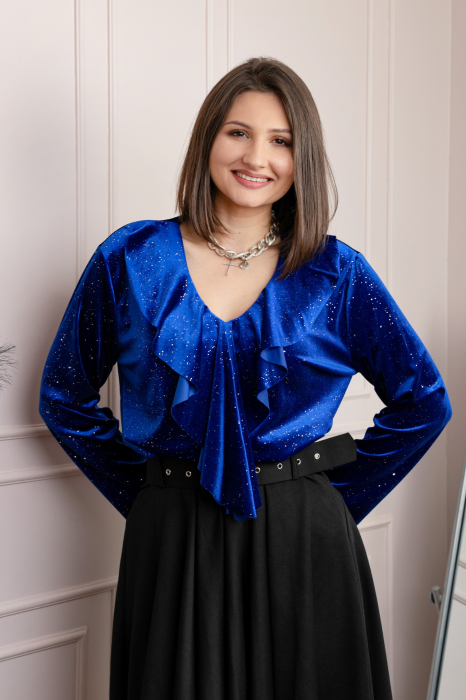 Bluza eleganta din catifea Cynthia cu volan si sclipici discret - Albastru regal [3]