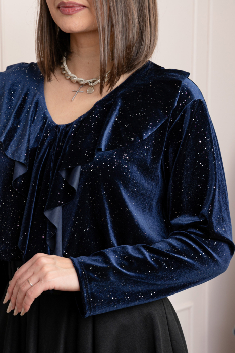 Bluza eleganta din catifea Cynthia cu volan si sclipici discret - Bleumarin [2]