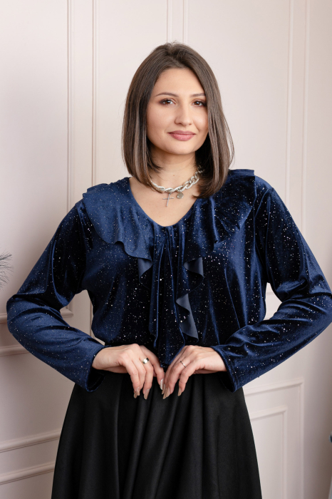 Bluza eleganta din catifea Cynthia cu volan si sclipici discret - Bleumarin