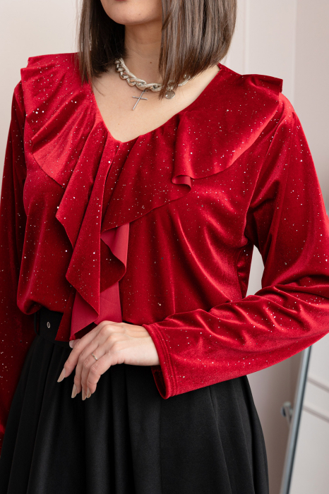 Bluza eleganta din catifea Cynthia cu volan si sclipici discret - Rosu [2]