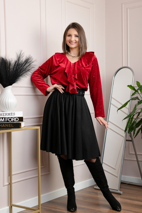 Bluza eleganta din catifea Cynthia cu volan si sclipici discret - Rosu [4]